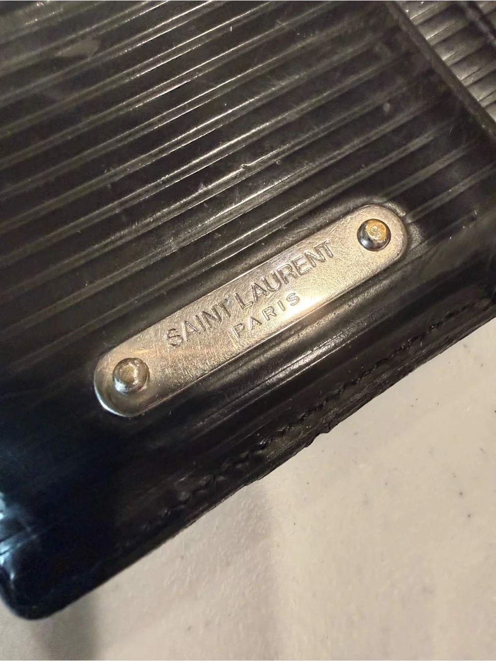 Saint Laurent Black Glossy Ridged Leather Card Case with Zip